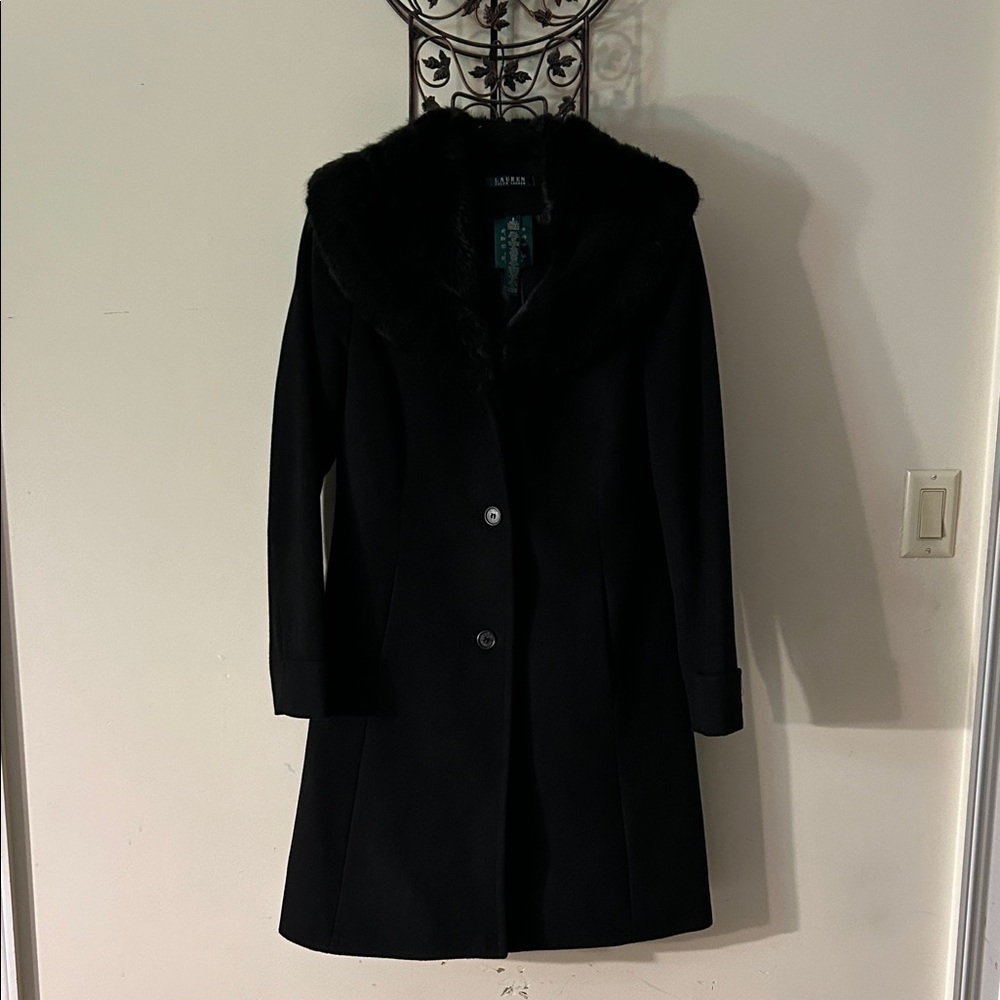 Ralph Lauren Black Pea Coat with Fur Collar
